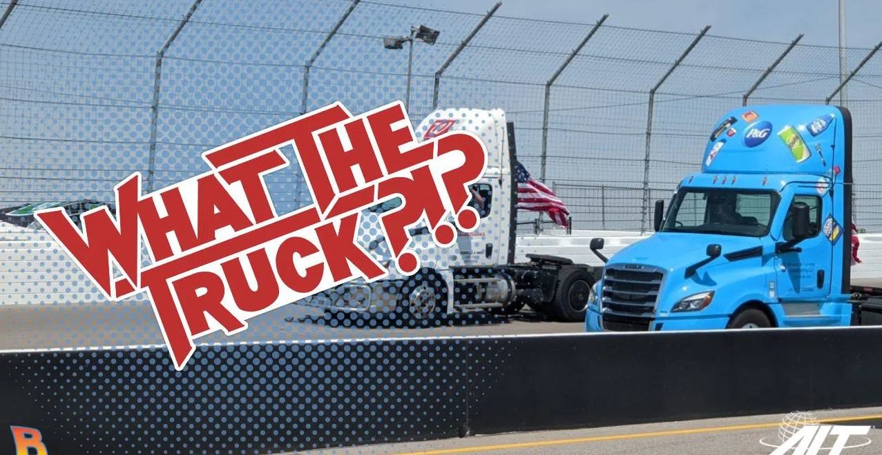 WHAT THE TRUCK podcast graphic featuring semi-tractor trailers driving around a racetrack