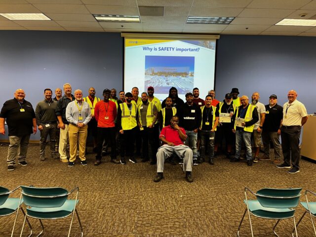 Truck drivers attend a safety meeting in Orlando, Florida.