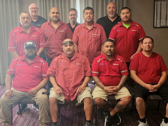 Front left: Israel Salazar, Steven Perez, Arturo Arellano, and Jesus Martinez. Middle left: Jorge Aguirre, Jose Nava, Ernesto Gamboa, and Jose Chavez. Back left: Division Manager Richard Jones, Safety Manager John Schlichter, and Regional Manager Rick Weiher.