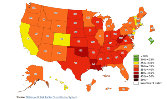 Map showing the percentages of obese people in each state in the United States