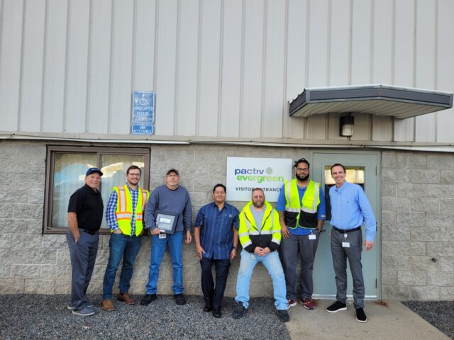 From left: Safety Manager Joe Cosenza, Pactiv Evergreen Transportation Coordinator Mathew Zielen, Michael Santey, Carlos Vizcaino, Shane Stoneback, Deyvi Sanchez Santana and Pactiv Evergreen Regional Logistics Director Ryan Winters