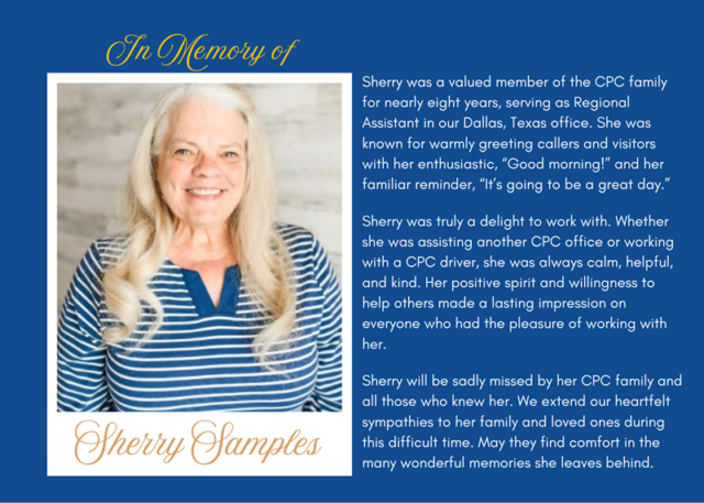 Graphic of a tribute to Sherry Samples